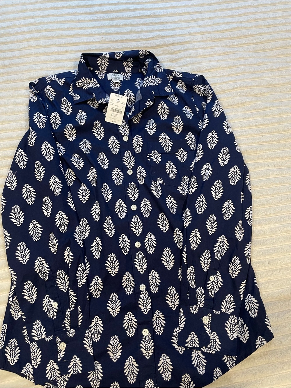 J. Crew Navy and White Leaf-Print Button-Down Blouse
